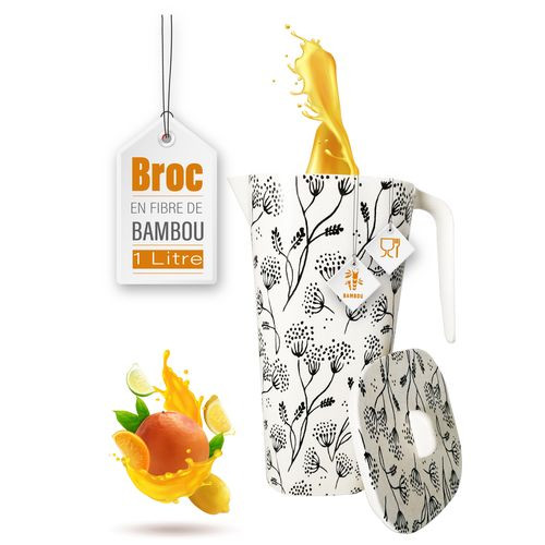 Broc - En Fibre De Bambou - 1 Litre - Carré - Fleuri  Noir et Blanc