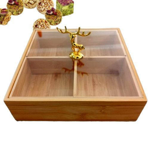 Plateau De Bonbons Aïd En Bois Couvercle En Verre 4 Partition 32 Cm Ø