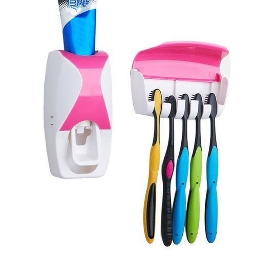 Distributeur - Dentifrice - Avec Support De 5 Brosses A Dents - Blanc - Rose