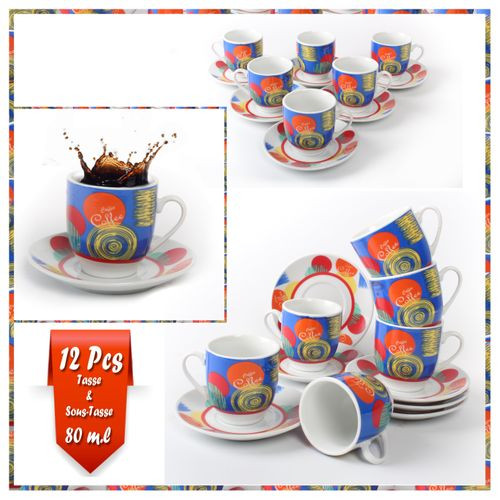 Service À Café En Porcelaine Pour 6 Personnes - 12 Pièces - jaune & vert - 80.ml