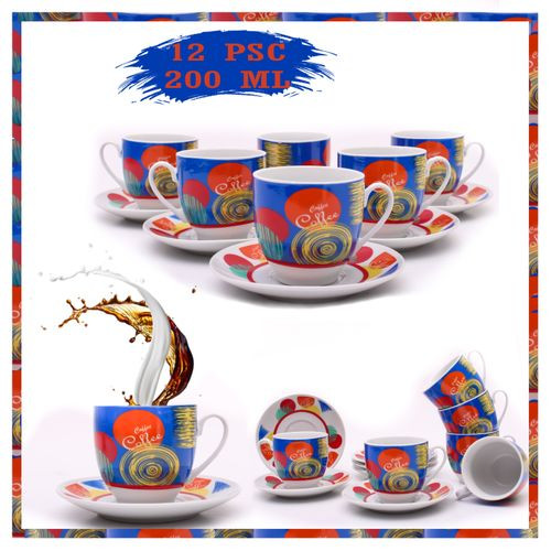 Service À Café En Porcelaine 6 Personnes  - 12 Pièces - bleu & orange - 200 ml