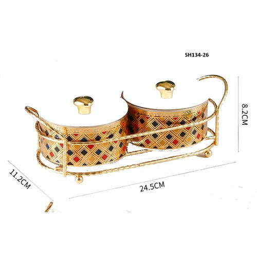 Bonbonnière -  Boîte A Epices 2  Bocaux  En Verre Doré Avec support Métallique Doré SH134-26