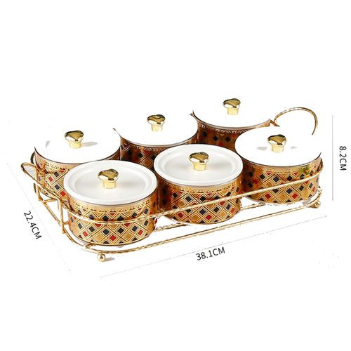 Bonbonnière -  Boîte A Epices 6  Bocaux  En Verre Doré Avec support Métallique Doré SH134-29