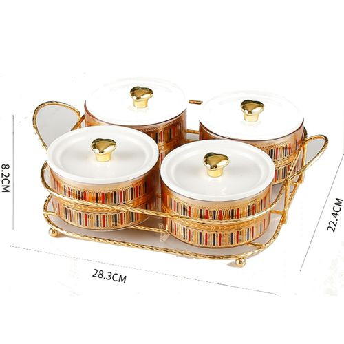 Bonbonnière -  Boîte A Epices 4  Bocaux  En Verre Doré Avec support Métallique Doré SH134-32