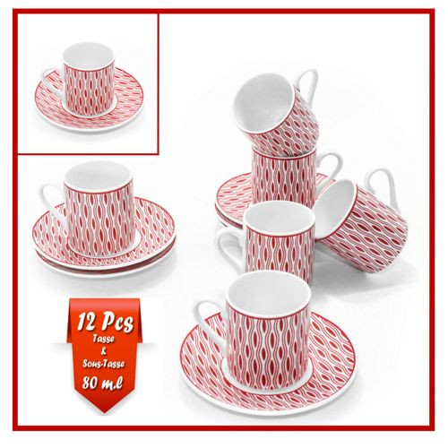 Service À Café En Porcelaine Pour 6 Personnes - 12 Pièces - Blanc&Rouge