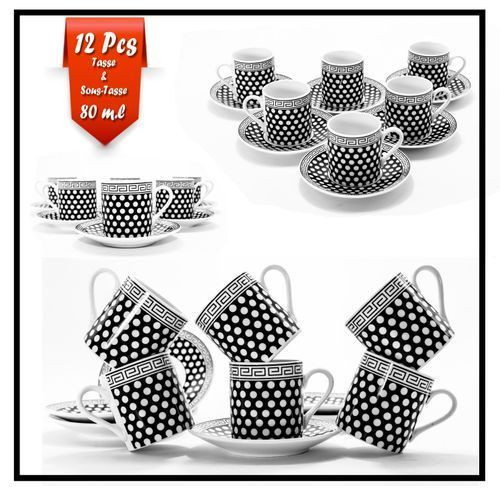 Service À Café En Porcelaine Pour 6 Personnes - 12 Pièces - Blanc&Noir