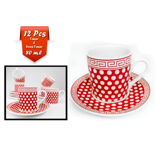 Service À Café En Porcelaine Pour 6 Personnes - 12 Pièces - Blanc&Rouge