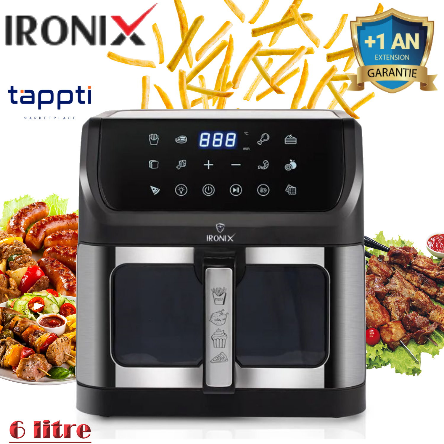 Air Fryer XXL - IRONIX 1500 watts -6Litre -WMN55-6 - Noir&Chrome