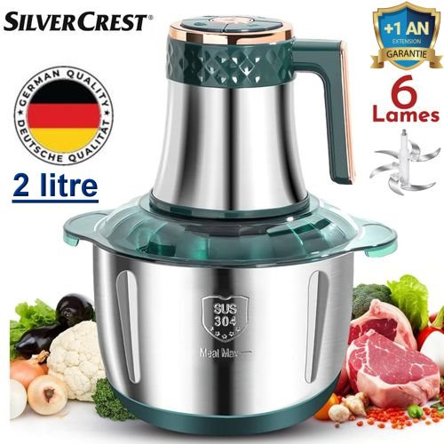 Hachoir Électrique Avec Bol En Inox 6 Lames -1300W - 2Litre - vert