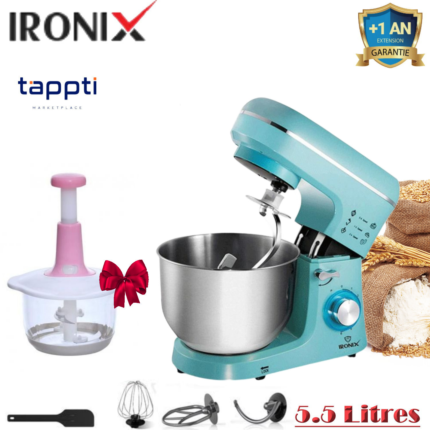 Robot Pétrin IRONIX WMN55 5.5 Litres 1400W - Bleu + Cadeaux