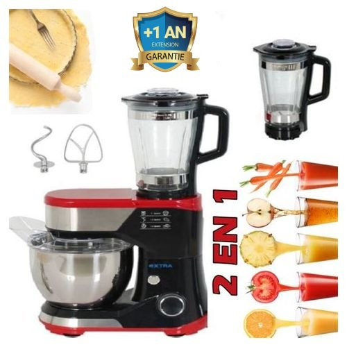 Robot pétrin 2 en 1 - Pétrin 5 L + Mixeur 1.750 L - Rouge & Noir- Garantie 1 an