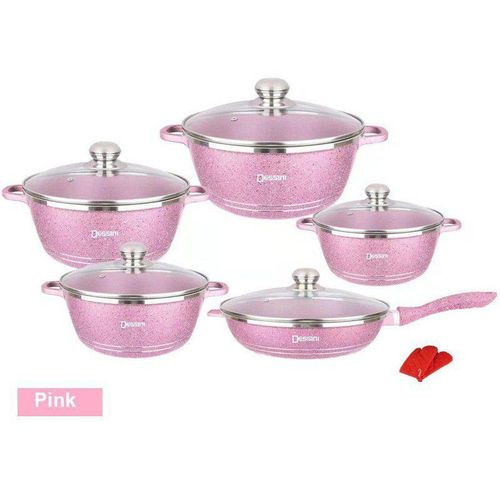 Série 5 Faitouts - Avec Couvercles En Verre- 2 gants  -Rose