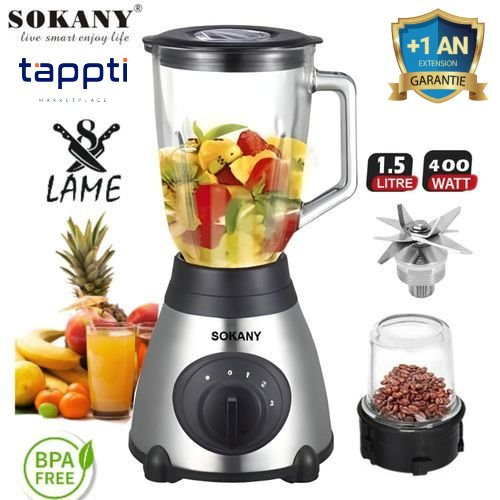 Blender 2 en 1 Pro 8 lame Bol 1.5 L En Verre & moulin épice - Garantie 1an