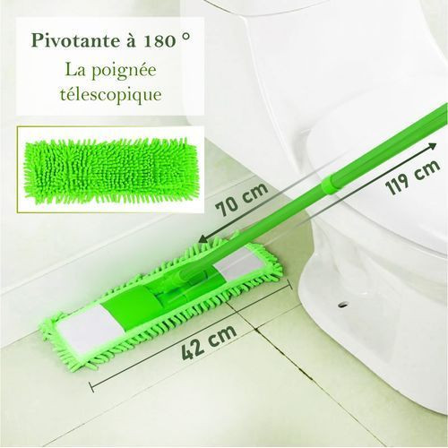 Balai à Raclette Microfibres - Complet - 120 cm x 40 cm - Avec Manche - Télescopique - Vert
