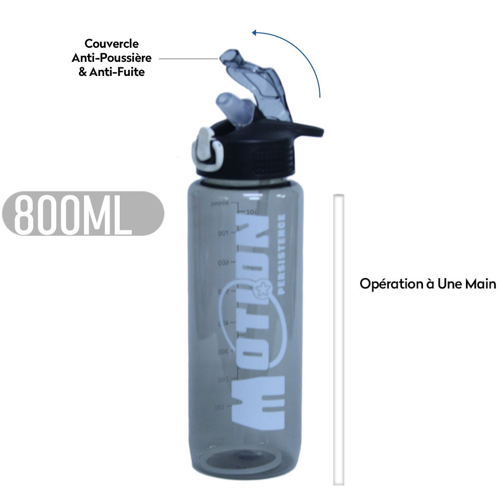 Bouteille d'eau Sport Avec Paille - 800ml - GRIS