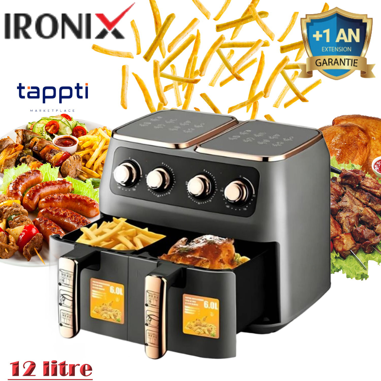 Air Fryer - 2800Watts - XXL -  2 panier - 12 Litres - IRONIX WM5236  - Gris