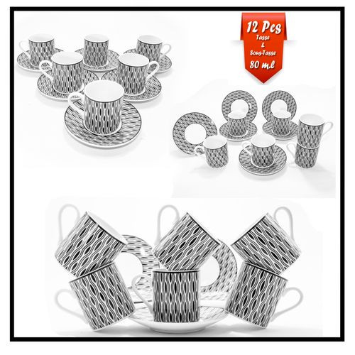 Service À Café En Porcelaine Pour 6 Personnes - 12 Pièces - Blanc&Noir