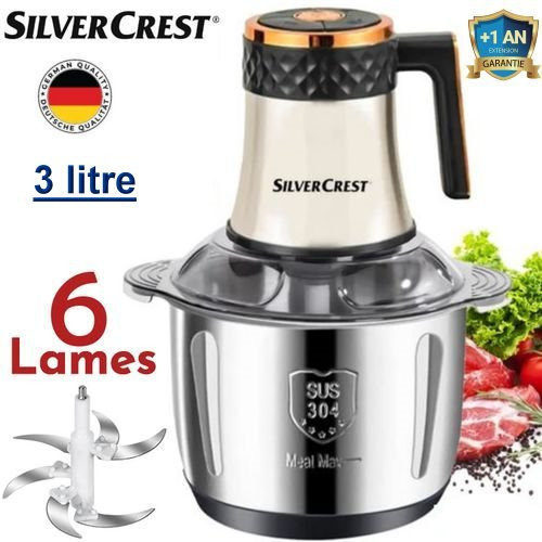 Hachoir Électrique Avec Bol En Inox 6 Lames -1300W - 3Litre - Noir