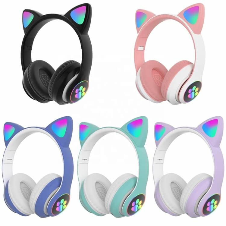 Écouteurs sans fil STN-28 à LED avec basses stéréo et oreilles de chat mignonnes