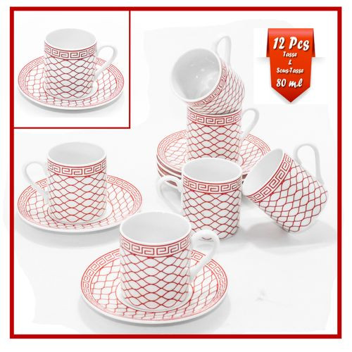 Service À Café En Porcelaine Pour 6 Personnes - 12 Pièces - Blanc&Rouge