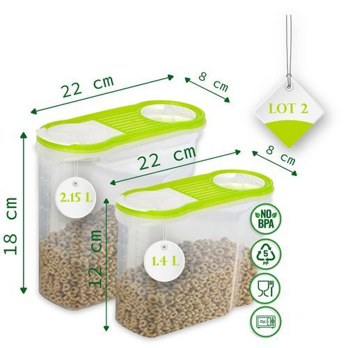 Lot De 2 Boites De Conservation En Plastique -2.15 L et 1.4 L - Couvercles Verts
